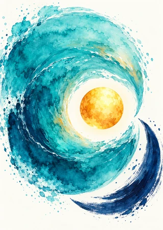 A glowing golden disc surrounded by a turquoise and deep-blue swirling ring, with an indigo crescent below on a warm-white ground.