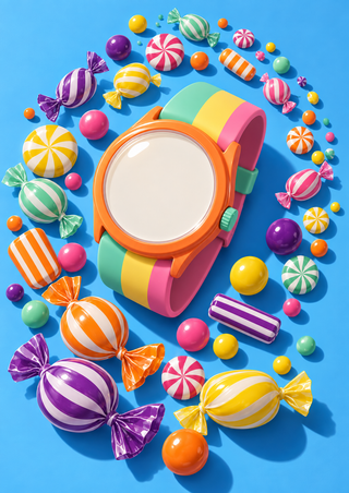 Blank-faced orange wristwatch with a striped multicolored band surrounded by wrapped and round candies on a bright blue background.