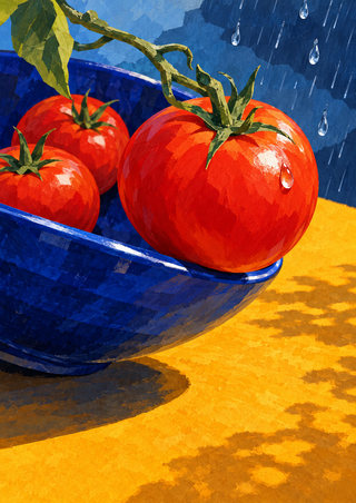 Three red tomatoes, one attached to a leafy vine, sit in a deep cobalt bowl on a golden tabletop with rain droplets above.