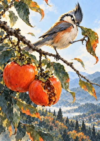 Crested songbird reaching toward a dangling leaf beside two red-orange persimmons, autumn foliage and a distant landscape.