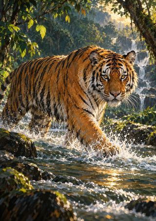 A Bengal tiger strides through splashing water in a forest stream, turning its head toward the viewer beneath sunlit trees.