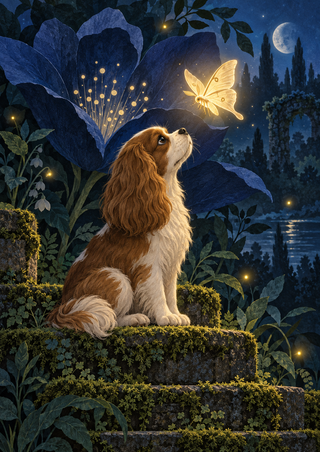 A seated brown-and-white long-eared dog gazes at a glowing golden moth beneath a giant indigo flower in a moonlit garden.