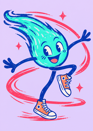 Turquoise comet character dancing in orange high-top shoes against a pale-lilac background, with diamond-shaped stars and coral motion strokes.