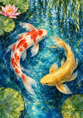 White-and-orange and golden koi circle in a blue-green pond among lily pads beneath hanging foliage, with a pink water lily.