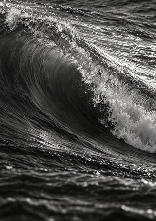 A black-and-white ocean swell curls diagonally into a bright lace-edged crest above dark, textured water.