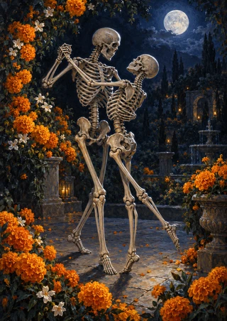 Two skeletons dance together beneath a full moon in a garden framed by orange marigolds and white flowers.