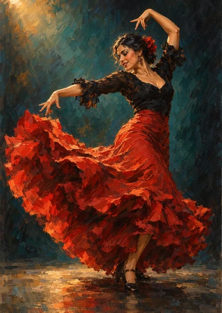Adult flamenco dancer in a black lace-like top and red-orange skirt turning with arms extended against a dark studio background.