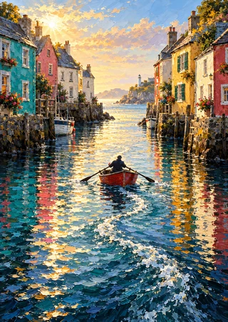 Small red rowboat with one rower on reflective water between colorful waterfront buildings, heading toward a bright harbor opening.