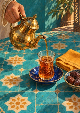 Hand pouring amber tea from a brass teapot into a glass on a cobalt saucer, with dates and a saffron cloth on turquoise patterned tiles.