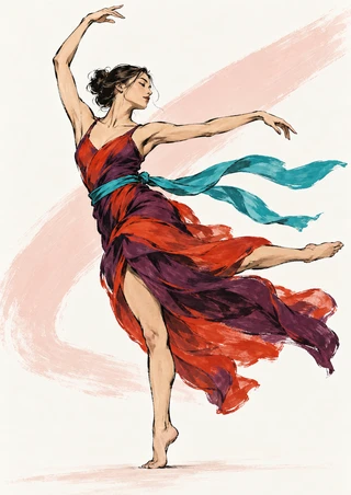 Full-length dancer balancing with raised arms in a flowing red and plum garment and turquoise sash against a pale blush brushstroke.