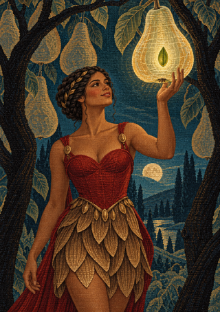 A braided fantasy goddess reaches toward glowing pear-shaped fruit in a patterned glass orchard, wearing a red bodice and gold leaf-like skirt.