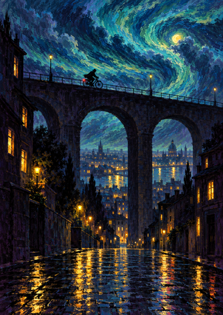 Small silhouetted cyclist riding across a stone viaduct above wet streets and illuminated buildings under curling blue-green night clouds.