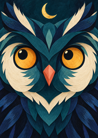 Symmetrical geometric owl face with amber eyes, coral beak and a golden crescent above its head.