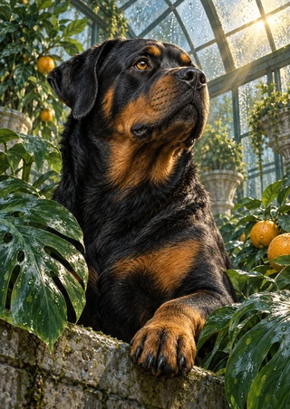 Black-and-rust Rottweiler with amber eyes resting a paw on a stone ledge among greenhouse leaves and citrus.