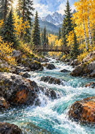 Foaming turquoise creek rushes over rocks beneath a timber footbridge with a small hiker, spruce forest, golden aspens, and distant mountains.