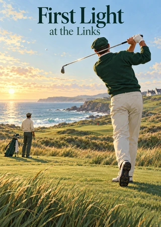 Two golfers on a coastal course at sunrise, with the foreground golfer finishing a swing beneath the title First Light at the Links.