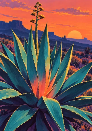 A large teal agave rosette and branching flower stalk stand before indigo mesas beneath a coral-pink desert sunset.