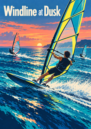 Three windsurfers cross a turquoise bay at sunset, with a large yellow-and-blue sail in the foreground and title lettering above.