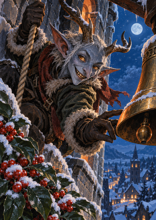 A grinning gray-blue horned goblin descends beside a large brass bell above a snowy moonlit village, framed by red berries and dark leaves.