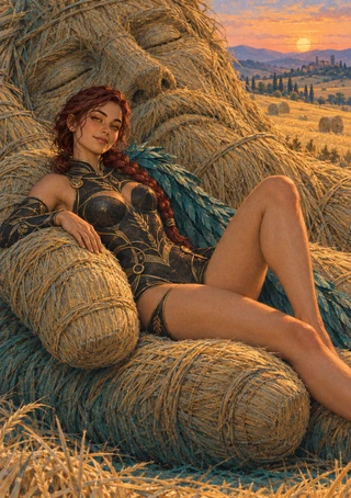 A red-haired hay witch reclines in a black-and-gold fantasy outfit among golden hay bales, with warm fields and distant hills at sunset.