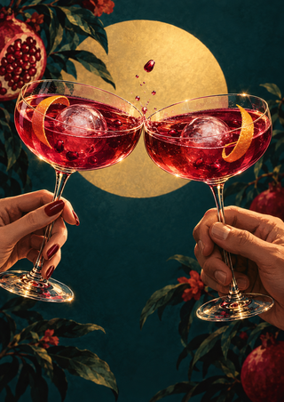 Two ruby-red coupe cocktails with ice spheres and citrus twists meet in a toast among pomegranates and foliage.