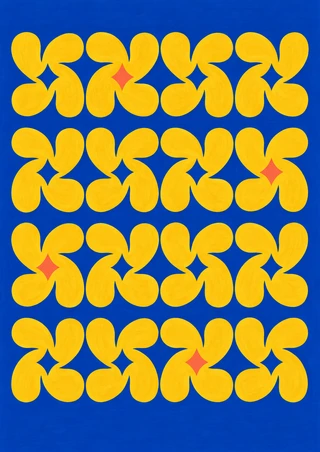 Four rows of rounded marigold pinwheel shapes with coral diamond openings on an ultramarine blue background.