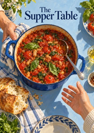 Blue pot of tomato-and-basil stew with bread, striped towel and hands gathered around a kitchen table.