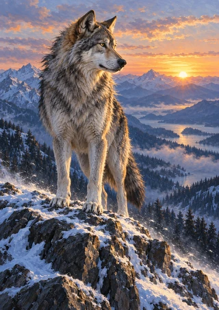 Gray wolf on a snowy rocky ridge looking toward a peach-and-gold sunrise over layered blue mountains.