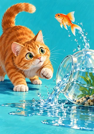Fluffy ginger tabby crouching beside a tipped aquarium as a goldfish leaps over spilled water against turquoise.