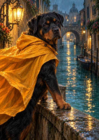 Black-and-tan Rottweiler in a golden-yellow rain cape on a wet stone canal parapet, with an arched bridge, flowers and glowing lamps in the rain.
