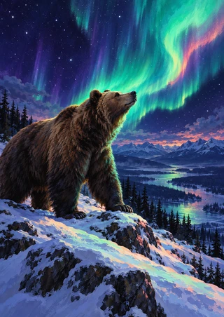 Brown bear standing on a snowy ridge beneath a turquoise and emerald aurora, with dark pines and a distant valley.