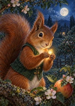 Red squirrel in a dark green vest holding a glowing seed-like object in a moonlit orchard with blossoms and a coral-red apple.