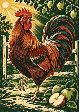 A red-and-copper rooster with a broad arched tail stands among green apples in an orchard, with sun rays, gate rails, and foliage.