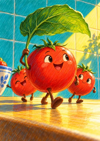 Three smiling tomato characters march across a kitchen counter, with the large central tomato holding a green leaf overhead.