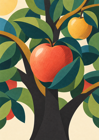 Geometric fruit tree with a large coral-red apple, smaller golden-yellow apple, overlapping green and blue leaves, ochre branches, and charcoal trunk.