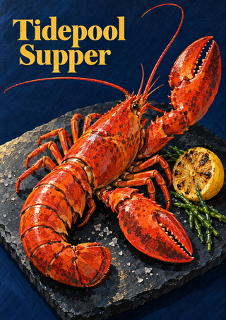Cooked red-orange lobster arranged diagonally on a dark slate platter with charred lemon and green garnish, beneath yellow Tidepool Supper lettering.