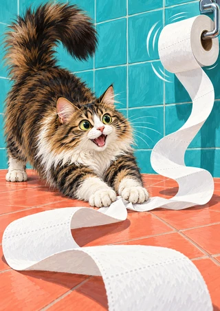 A fluffy long-haired cat presses an unrolled strip of toilet paper across a coral floor beneath turquoise bathroom tiles.