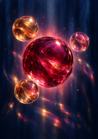 Four luminous glass-like spheres with a large ruby-pink marble at center and smaller amber and rose spheres around it.