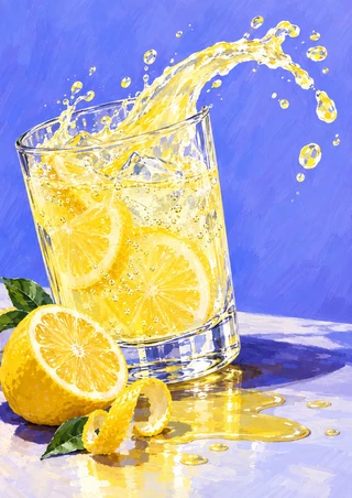 A tilted clear tumbler sends a yellow lemonade splash into the air above lemon, peel, and leaves on a lilac-blue background.