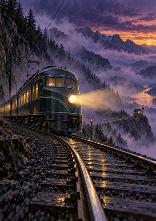 Streamlined electric railcar with a bright headlamp rounding reflective mountain tracks through violet dusk mist toward a ridge-side signal hut.