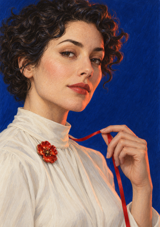 Close portrait of a woman with short dark curls holding a crimson ribbon, wearing an ivory blouse and red floral brooch against a blue background.