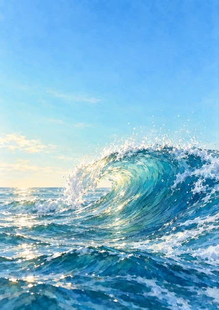 Large turquoise ocean wave curling left and breaking into white foam beneath a pale-blue sky, with sunlight and spray.