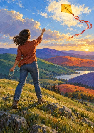 A woman seen from behind guides a yellow kite with a red ribbon tail above colorful rolling hills.