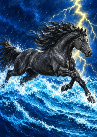 Charcoal-gray horse galloping through foamy electric-blue water beneath branching lightning in a dark storm sky.