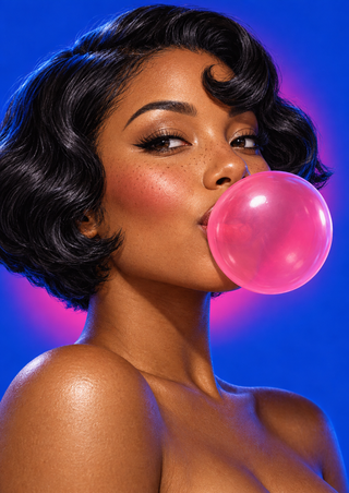 Close-up portrait of a woman with glossy dark hair blowing a translucent raspberry-pink bubble against a vivid blue background.