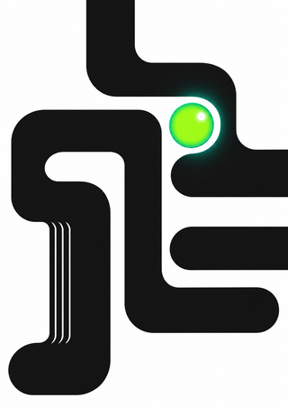 Open rounded black maze paths surround a glowing lime-green circle with a turquoise halo on a white background.