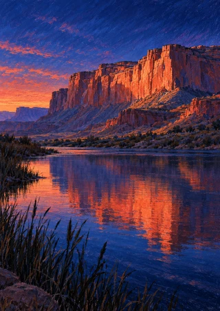 A coral-orange sandstone escarpment reflected in a calm blue desert lake, with foreground reeds beneath an indigo sky.