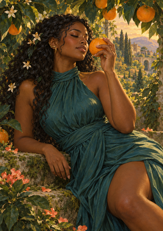 Adult woman with long dark curls and blossoms reclines on a mossy ledge, holding an orange beneath citrus leaves with a hillside settlement beyond.