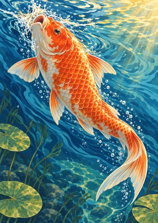 An orange-and-white koi swims diagonally through swirling cobalt and turquoise water, surrounded by bubbles, aquatic stems, and lily pads.