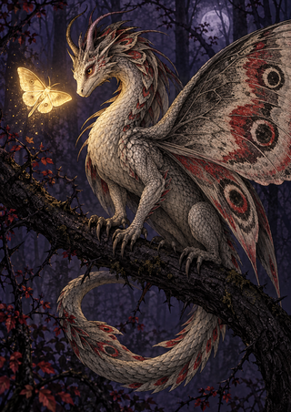 Pearl-gray horned dragon with red-and-black patterned wings perched on a thorny branch, watching a glowing golden moth in a dark forest.